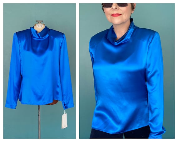 Cowl Neck Blue Blouse Silk Blouse Vintage Silk Bl… - image 1