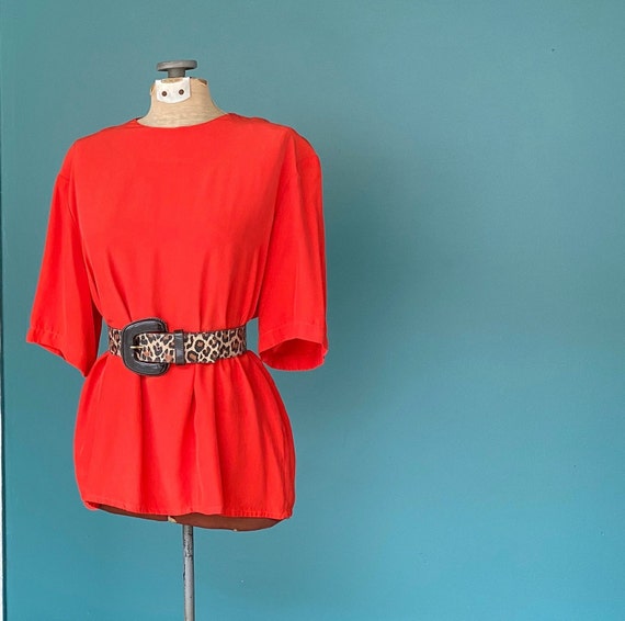 Silk Minimal Orange 80s Women Blouse Vintage Silk