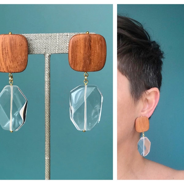 Wood Stone Earrings Quartz Square Earrings, TaraLynEvansStudio