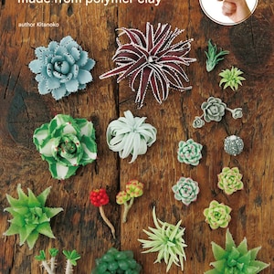 以下が含まれることがあります： ポリマークレイで作られたミニチュア多肉植物のコレクション。木製の表面に配置されています。人工植物は緑、青、赤など様々な色があり、複雑なディテールが特徴です。画像には「ミニチュア多肉植物はポリマークレイ製」と書かれています。