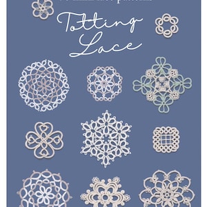 Pode incluir: Um gráfico azul intitulado 78 mini lace patterns Tatting Lace, apresentando onze motivos de renda de bilros brancos e verde-claros dispostos em uma grade, exibindo vários designs de renda circulares, florais e geométricos.