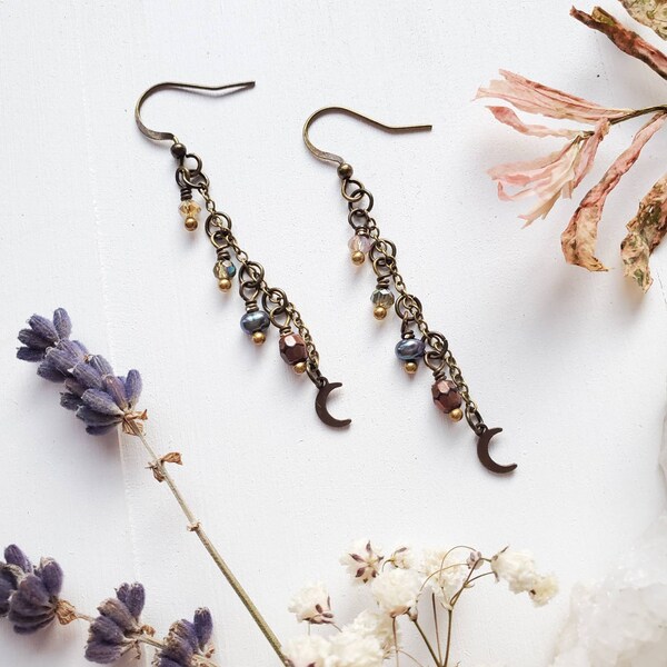 Moon Charm Earrings // Black Freshwater Pearls // Magical Jewelry