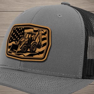 Backhoe Operator Hat, Richardson 112 Trucker Hat, Heavy Equipment Hat, Construction Worker Gift, Laser Engraved Leather Patch Hat
