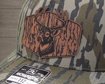 Whitetail Deer Leather Patch Hat | Richardson 112 Camo Hat | Hunting Gift for Him | Deer Hunter Trucker Cap