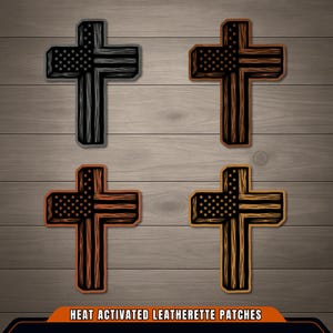 May include: Four cross-shaped patches featuring a stylized American flag design with stars and stripes. The patches are rendered in varying shades of black, dark brown, and tan, and are labeled as heat activated leatherette patches.