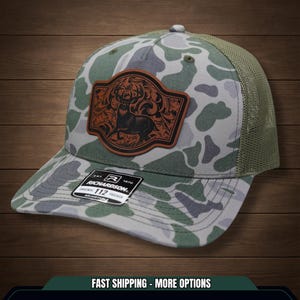 Whitetail Deer Leather Patch Hat | Laser Engraved Hunting Trucker Hat | Deer Hunter Hat Gift for Men | Outdoorsman Camo Hunting Hat