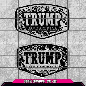 Op de afbeelding: Zwart-wit digitaal download ontwerp met een decoratieve banner met de tekst "TRUMP SAVE AMERICA".