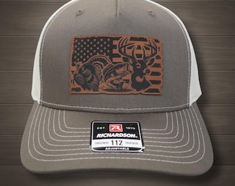 Hunting Theme Laser Engraved Hat - Turkey Largemouth Bass and Elk Patriotic USA Flag