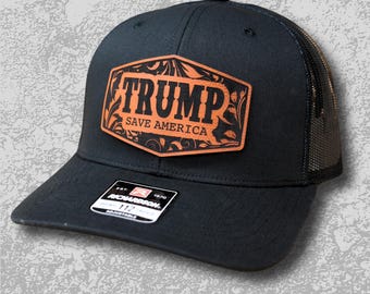Trump Save America Hat | Tooled Leather Trump Hat | Retro Trucker Hat | Political Hats | Gift For Him | Republican Gift