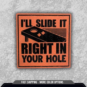 May include: Orange square with black text and a cornhole board graphic. The text reads "I'LL SLIDE IT RIGHT IN YOUR HOLE". The image is on a textured gray background.