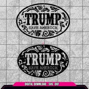 Puede incluir: Dos pegatinas ovaladas en blanco y negro con un diseño floral. El texto "TRUMP SAVE AMERICA" está en letras blancas sobre fondo negro.