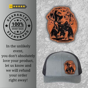 Puede incluir: Gorra de camionero gris con parte trasera de malla negra y un parche circular con una ilustraci&oacute;n de perro. El parche es naranja y negro. La imagen tambi&eacute;n incluye una insignia de garant&iacute;a y texto.