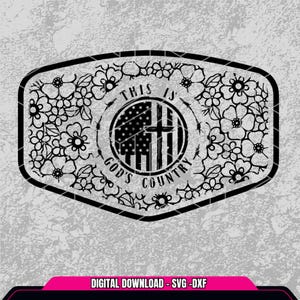 May include: Black and white graphic design with a floral border. The design features an American flag with a cross in the center and the text "This is God's Country".