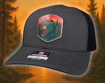 Bear Hunter Trucker Hat – Outdoorsman Gift for Him | Camping Hat with UV Leather Patch | Hunting & Hiking Gift for Men