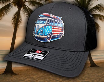 Vintage Bus Trucker Hat with Surfboards – UV Printed Retro Van Hat for Surfers, Beach Lovers, Vintage Style Summer Cap, Gift for Him
