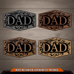May include: Four hexagonal heat activated leatherette patches featuring the word DAD in a bold serif font. Each patch displays a detailed floral scrollwork pattern surrounding the text, presented in gray, dark brown, and two shades of tan.
