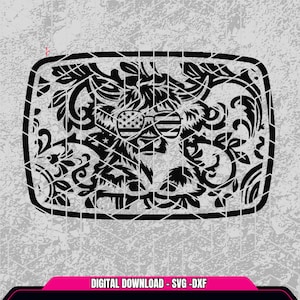 May include: Black and white silhouette of a bear wearing sunglasses with an American flag design. The bear is surrounded by a decorative floral pattern. The image is a digital download in SVG and DXF formats.