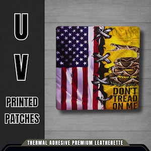 May include: A square patch featuring the American flag and a yellow background with a coiled rattlesnake and the words "DON'T TREAD ON ME." The patch is made of thermal adhesive premium leatherette.
