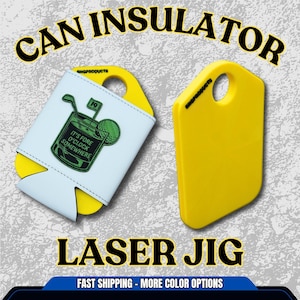 May include: Yellow can insulator and laser jig. One can insulator is white with a green golf-themed graphic and the text "IT'S FORE O'CLOCK SOMEWHERE." The other is solid yellow. Both have a hole for a finger grip.