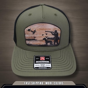 Cappello da caccia alle anatre - Cappello con toppa in legno e pelle stampata UV personalizzata - Cane da caccia alle anatre domestiche - Cappello Richardson 112FP - Regalo Outdoorsman