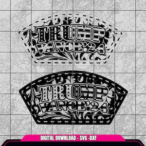 Puede incluir: Diseño de descarga digital en blanco y negro con el texto "Trump Vance '24" y un diseño floral. El diseño tiene forma de rectángulo redondeado.