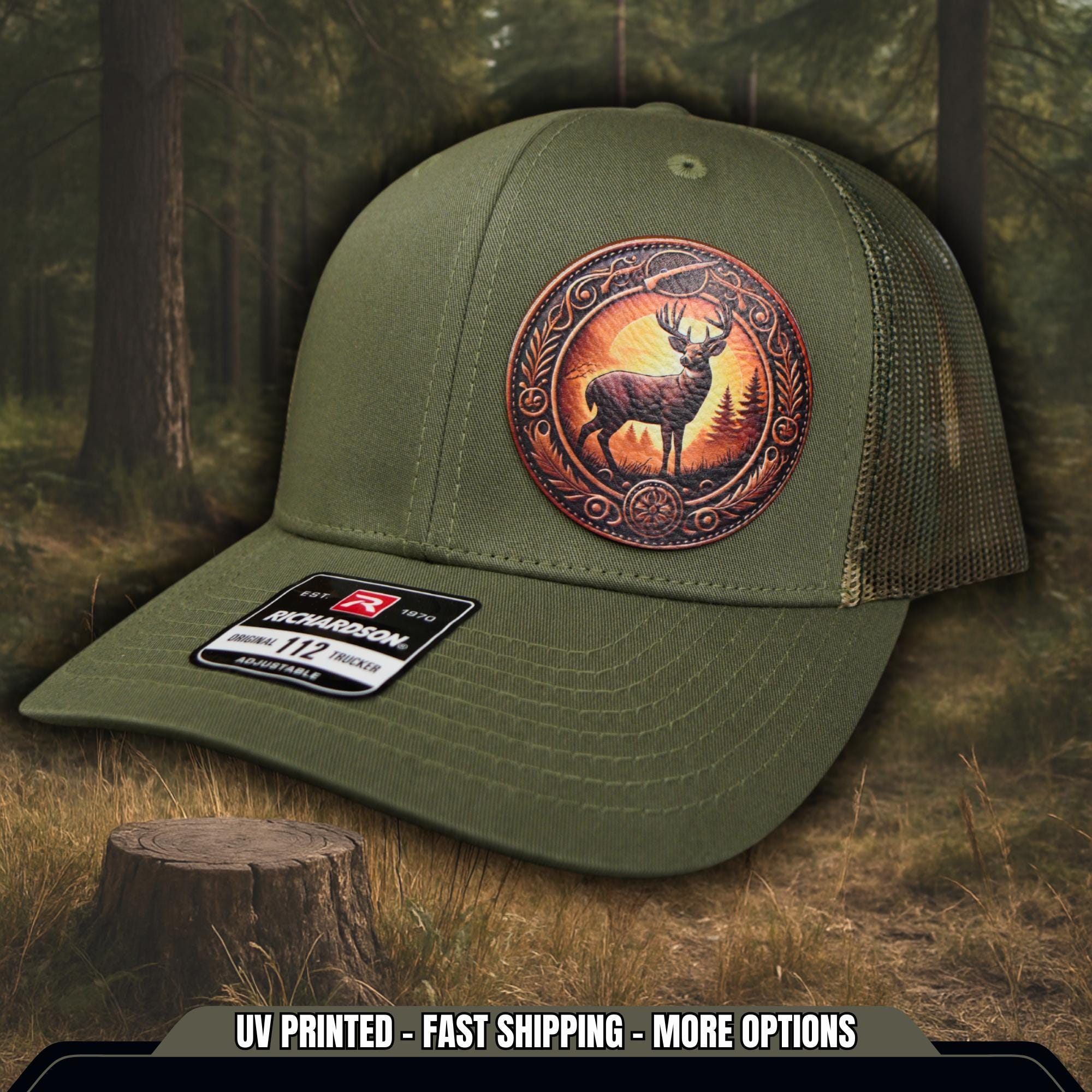Deer Hunter Trucker, Tooled Leather UV Printed Leatherette Hat, Outdoorsman Gift for Men, Hunting Cap for Men, Rustic Outdoor Style