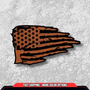 May include: A distressed American flag design with a brown and black color scheme. The flag features the traditional stars and stripes, with a weathered, torn appearance. The image is set against a textured gray background.