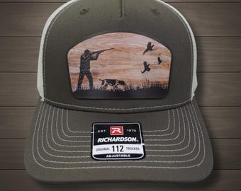 Pheasant Hunting Hat - Custom UV Printed Wood & Leather Patch Hat - Bird Hunting Hat - Richardson 112FP Hat - Outdoorsman Gift
