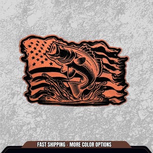 Bass American Flag Patch | Large Mouth Bass | Fishing Hat Patches | Iron on Patch | Leather Patch | Patch