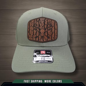 Whitetail Deer Hat | Laser Engraved Leather Patch Trucker Hat | Richardson 112 Camo | Hunting Gift for Men | Outdoorsman Hunter