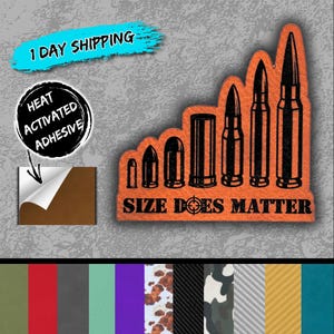 May include: An orange sticker with a black outline of bullets in ascending size, with the text "SIZE DOES MATTER". The sticker also features a "HEAT ACTIVATED ADHESIVE" label and a "1 DAY SHIPPING" banner.