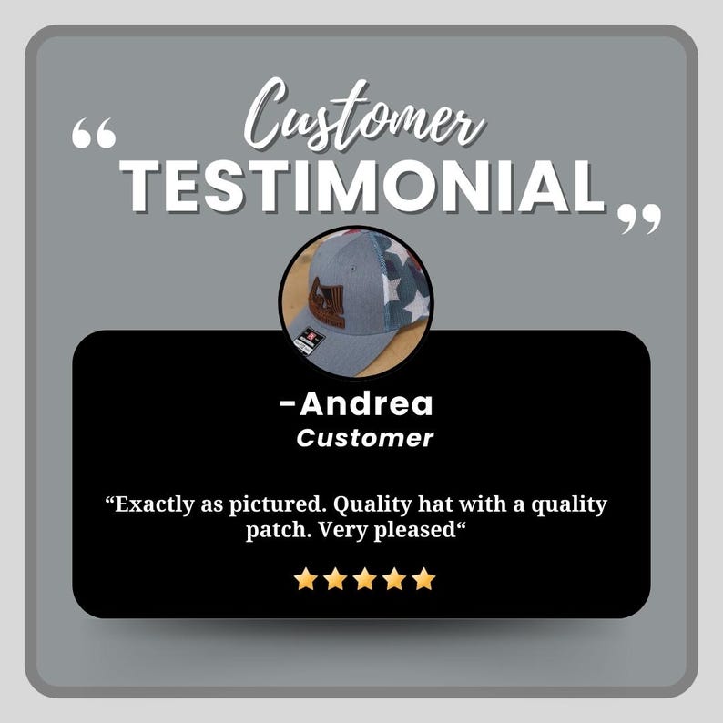 Puede incluir: Gr&aacute;fico de testimonio de cliente con una gorra de b&eacute;isbol gris con un parche marr&oacute;n y un patr&oacute;n de estrellas. El texto dice "Customer TESTIMONIAL" e incluye una cita del cliente y una calificaci&oacute;n por estrellas.