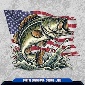 May include: An illustration of a largemouth bass leaping from water, set against a distressed American flag background. The fish is in green, brown, and orange, with water splashes. Text at the bottom reads "DIGITAL DOWNLOAD - 300DPI - .PNG".