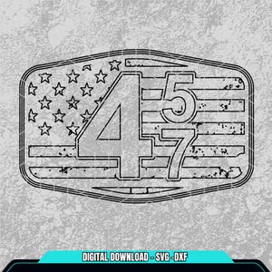 Op de afbeelding: Zwart-wit digitaal download ontwerp van de nummers 47 met een verweerde Amerikaanse vlag achtergrond. Het ontwerp is in de vorm van een schild.