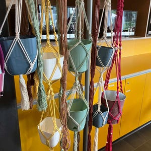 May include: A collection of handmade macrame plant hangers in various colors, including white, yellow, green, and burgundy. Each hanger holds a different colored plastic pot. The hangers are suspended from a metal bar against a yellow background.