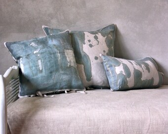 Set of three linen cover pillows, 3 exclusive linen hand painted cover cushion , made in Italy cover pillow made to order