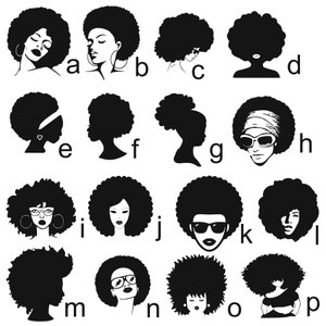 Może przedstawiać: Kolekcja szesnastu czarno-białych ilustracji fryzur damskich. Obrazy przedstawiają różne style afro, w tym bujne loki, upięcia i sylwetki, z niektórymi akcesoriami, takimi jak okulary przeciwsłoneczne i kolczyki.