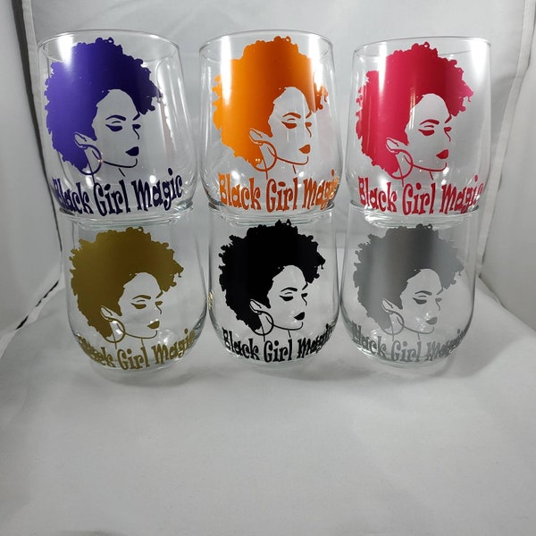 Afro silhouette wine glass/ stemless wine glass/ black girl magic/vinyl wine glass/ custom wine glass