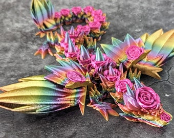 Multi-colour Articulated Winged Rose Dragon. High quality 3D printed fidget / stim / anxiety toy / ornament / sculpture