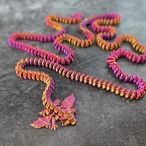 Articulated Long-tailed Winged Crystal Dragon. Large high quality 3D printed fidget / anxiety toy / ornament / sculpture Purple / Gold