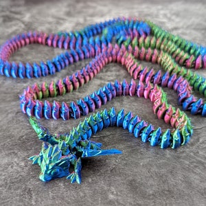 Articulated Long-tailed Winged Crystal Dragon. Large high quality 3D printed fidget / anxiety toy / ornament / sculpture Purple/Green/Blue