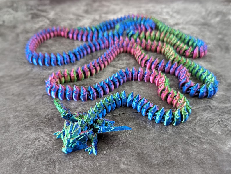 Articulated Long-tailed Winged Crystal Dragon. Large high quality 3D printed fidget / anxiety toy / ornament / sculpture Purple/Green/Blue