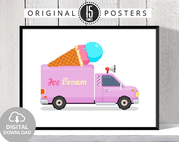 Ice Cream Truck Print Pixel Art Car Poster Girls Room Ice Etsy