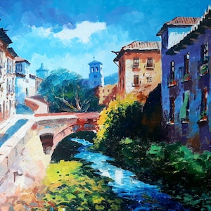 Puede incluir: Pintura al óleo de un paisaje urbano europeo con un puente sobre un río. Los edificios con balcones y ventanas bordean la calle. El cielo es azul con nubes blancas. La pintura está firmada en la esquina inferior izquierda.
