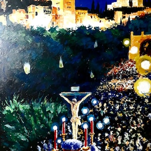 May include: A painting depicting a religious procession at night. The procession is lit by candles and lanterns, and the figure of Jesus Christ is carried on a platform. The scene is set against a backdrop of a city skyline with a moon and stars in the sky.