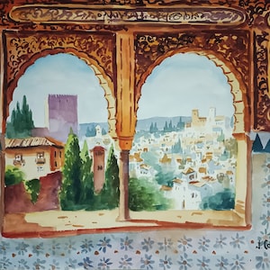 Alhambra e Granada. Acquerello 50 x 70 cm (20'x26')
