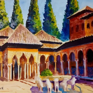 Cortile dei leoni. Alhambra. Granada.Spagna.Acquerello 50 x 35 cm (20'x13')