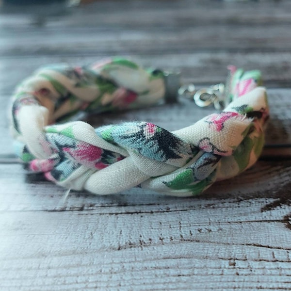 Braided Hanky Bracelet ~ Blue, Pink, Green ~ Repurposed Hanky ~ Adjustable ~ Charms ~ Vintage Hanky ~ Silver Tone ~ Boho Hippie ~ Gift Idea