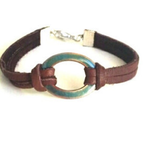 O ring bracelet / Suede bracelet / Brown bracelet / Rustic jewelry / Women's bracelet / Turquoise jewelry / Large o ring