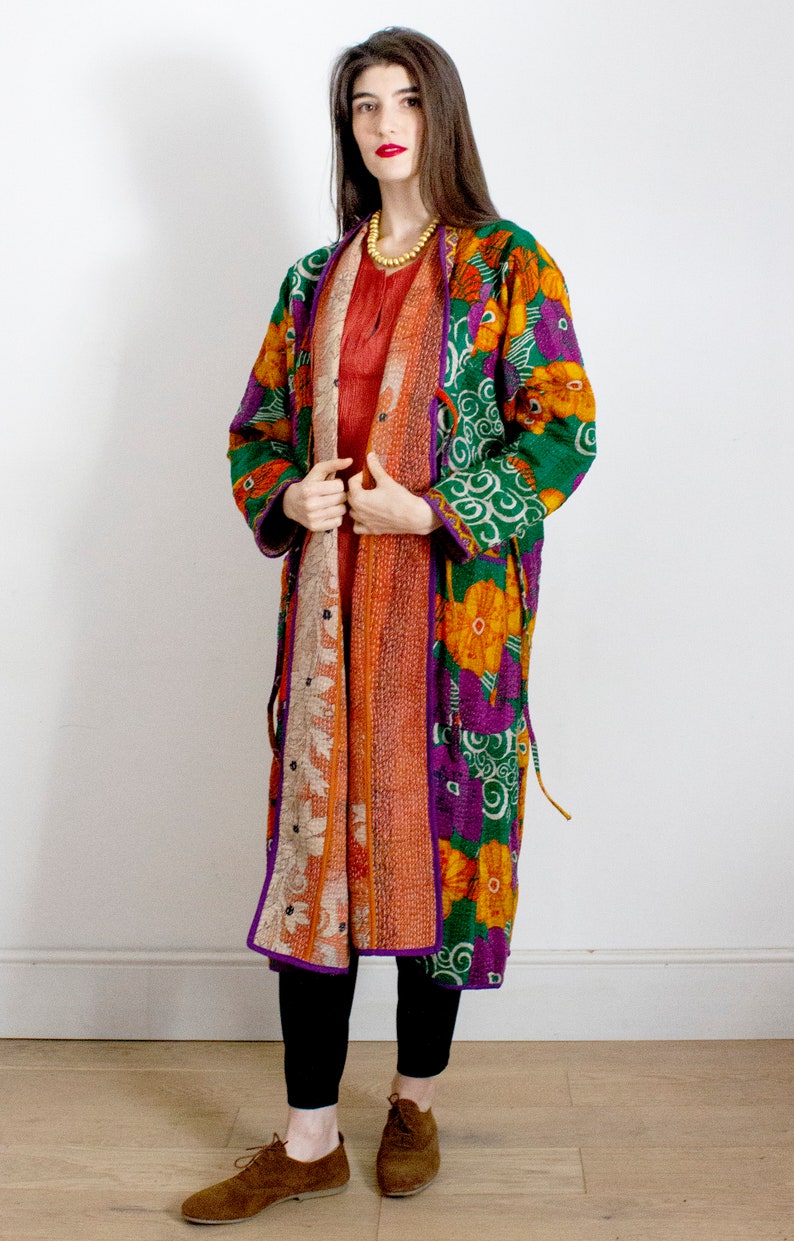 100/% cotton Kantha stitch coat made from pure cotton vintage saris Kantha stitch coat Vintage cotton coat